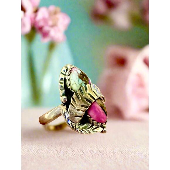 Natural Cotton Candy Turquoise Ring 925 Sterling Silver  Cotton Candy Turquoise Feather Leaf Southwestern Sterling Ring Size 9